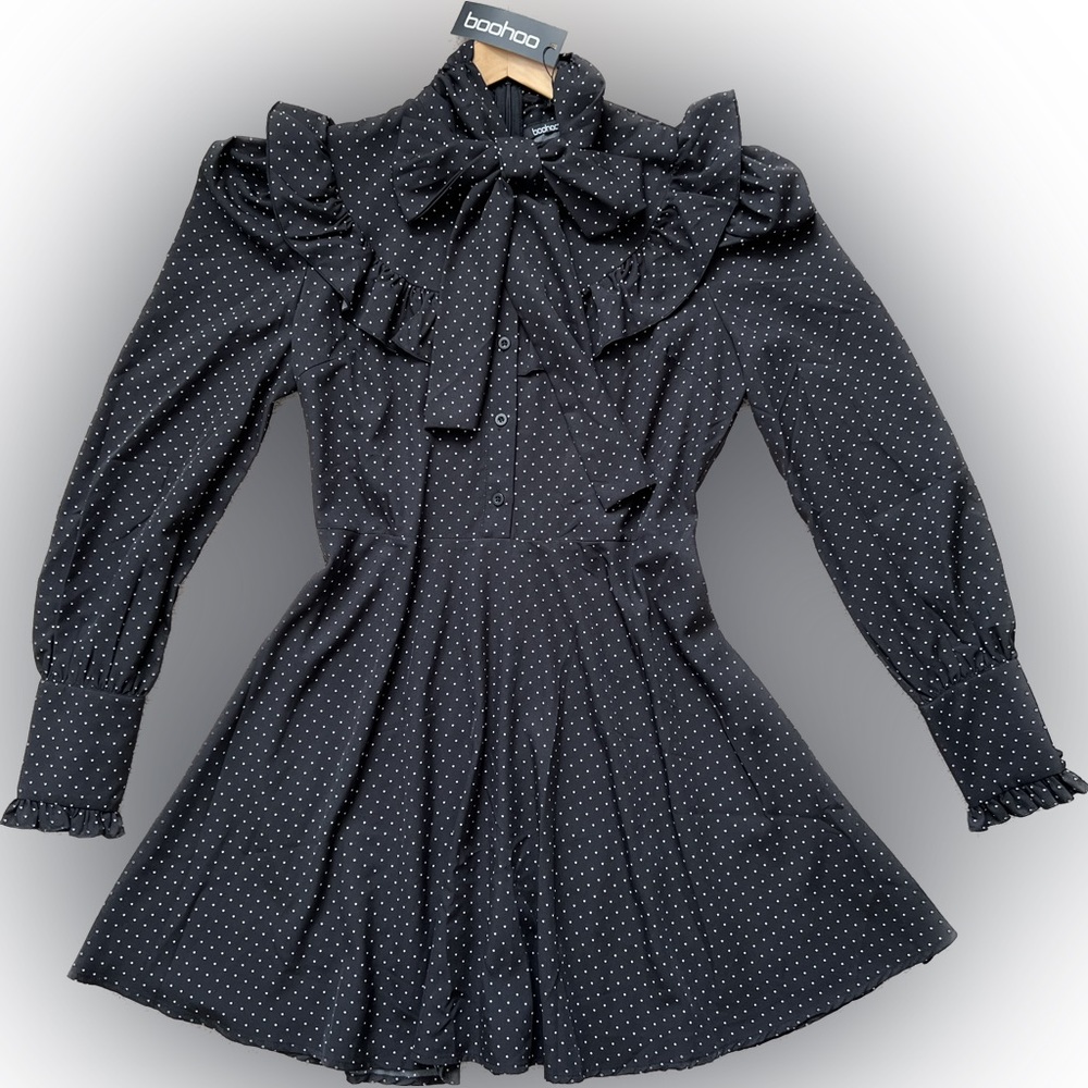 Boohoo polka dot black long sleeve skater dress.